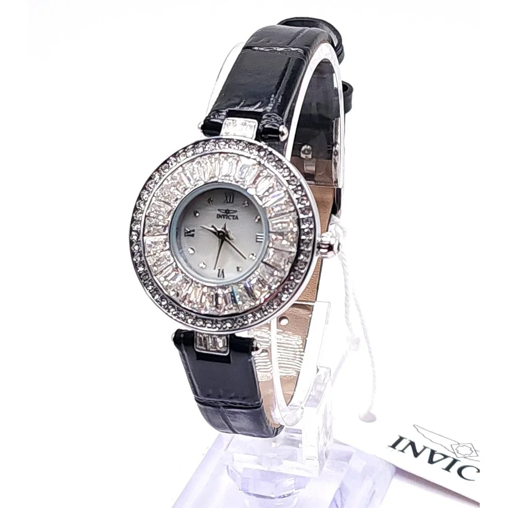 Invicta Celestial 70351 Womens Watch Silver Crystal Black Leather 30mm NEW